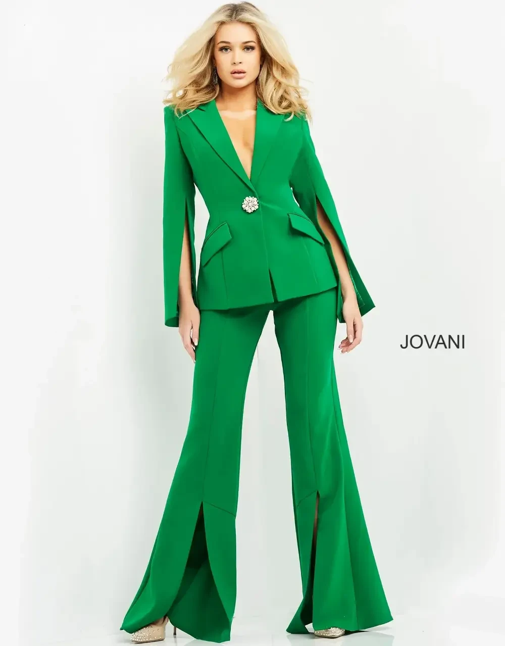 model is wearing a green pantsuit