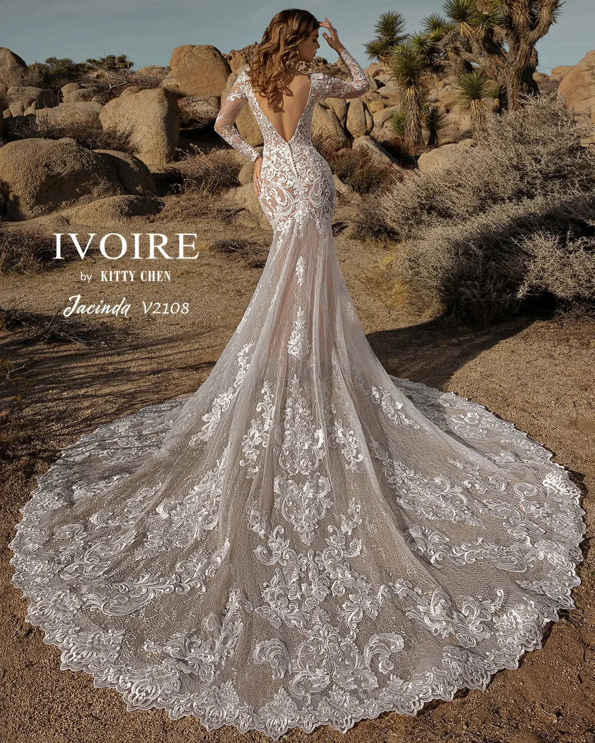 model is wearing a long sleeve fit and flare lace bridal gown