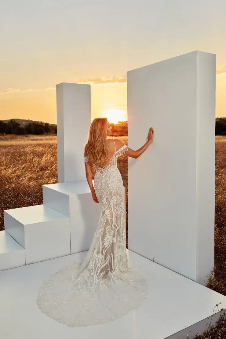 model is wearing a lace fitted bridal gown 